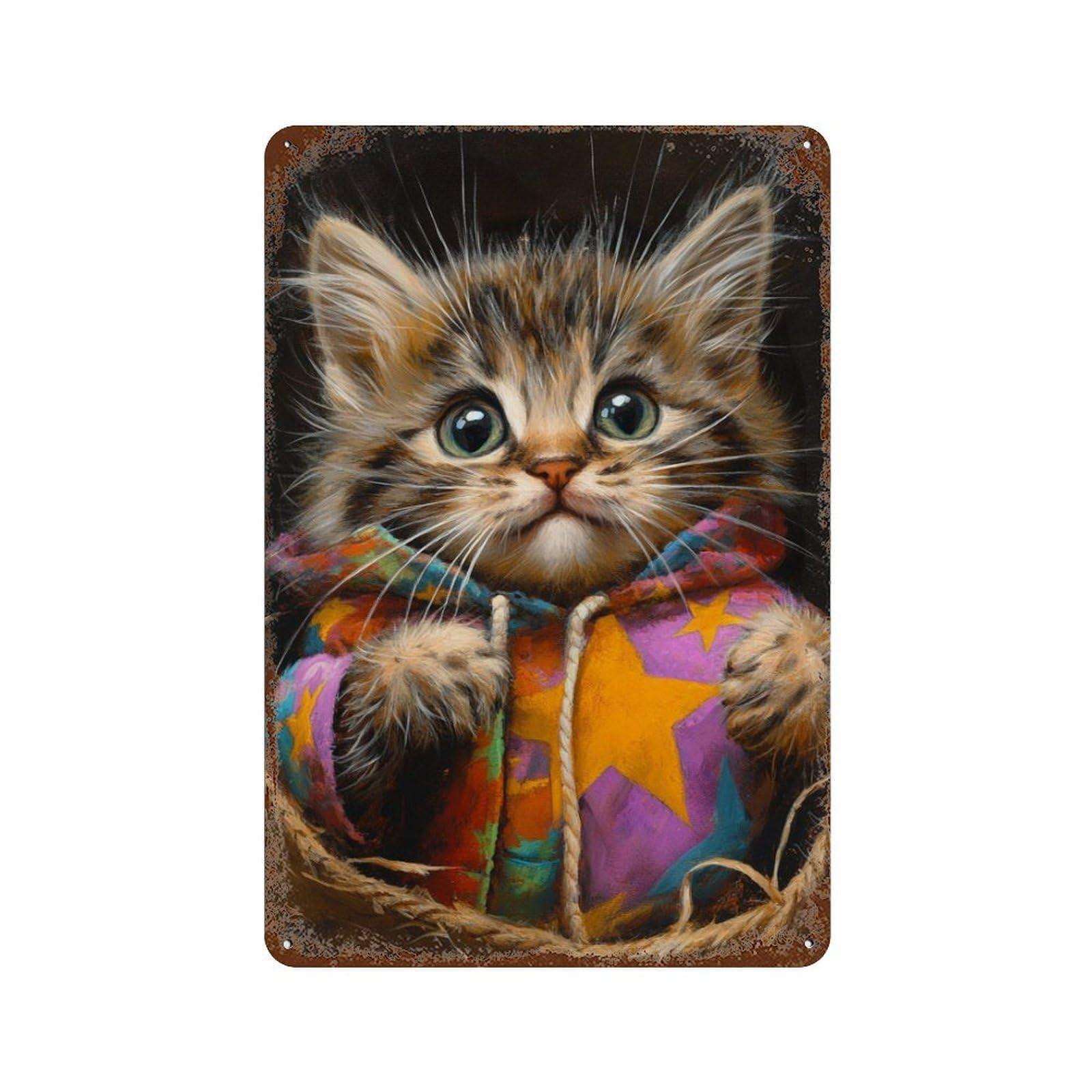 Kitten in Colorful Hoodie Retro Metal Sign 11.8"x7.9", Novelty Wall Decor for Garage, Pub Or Kitchen