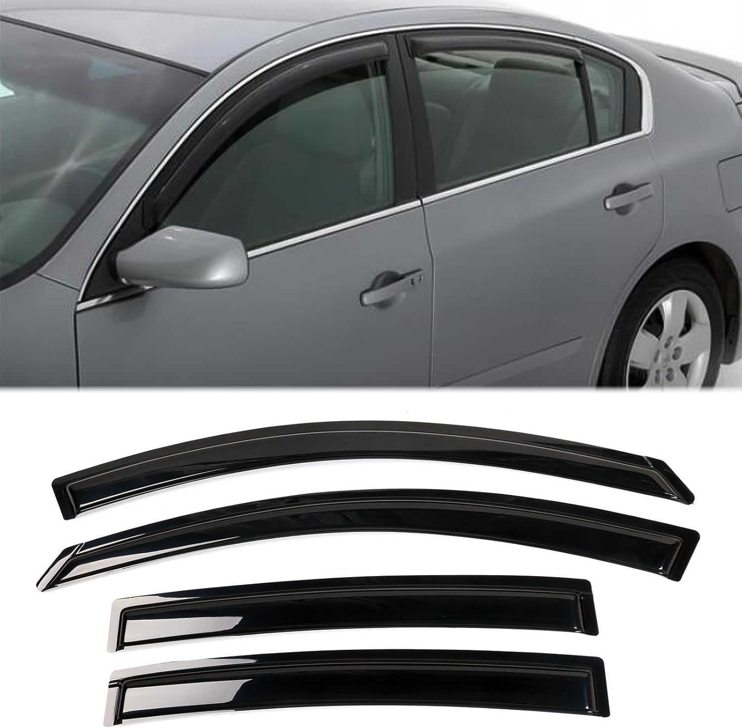 FREEMOTOR802 Tape-on Window Deflectors Compatible with 2007-2012 Nissan Altima Sedan, Rain Guards Side Window Visors Wind Deflectors Vent Visors Slim Style Smoke Tinted Acrylic 4 Pieces