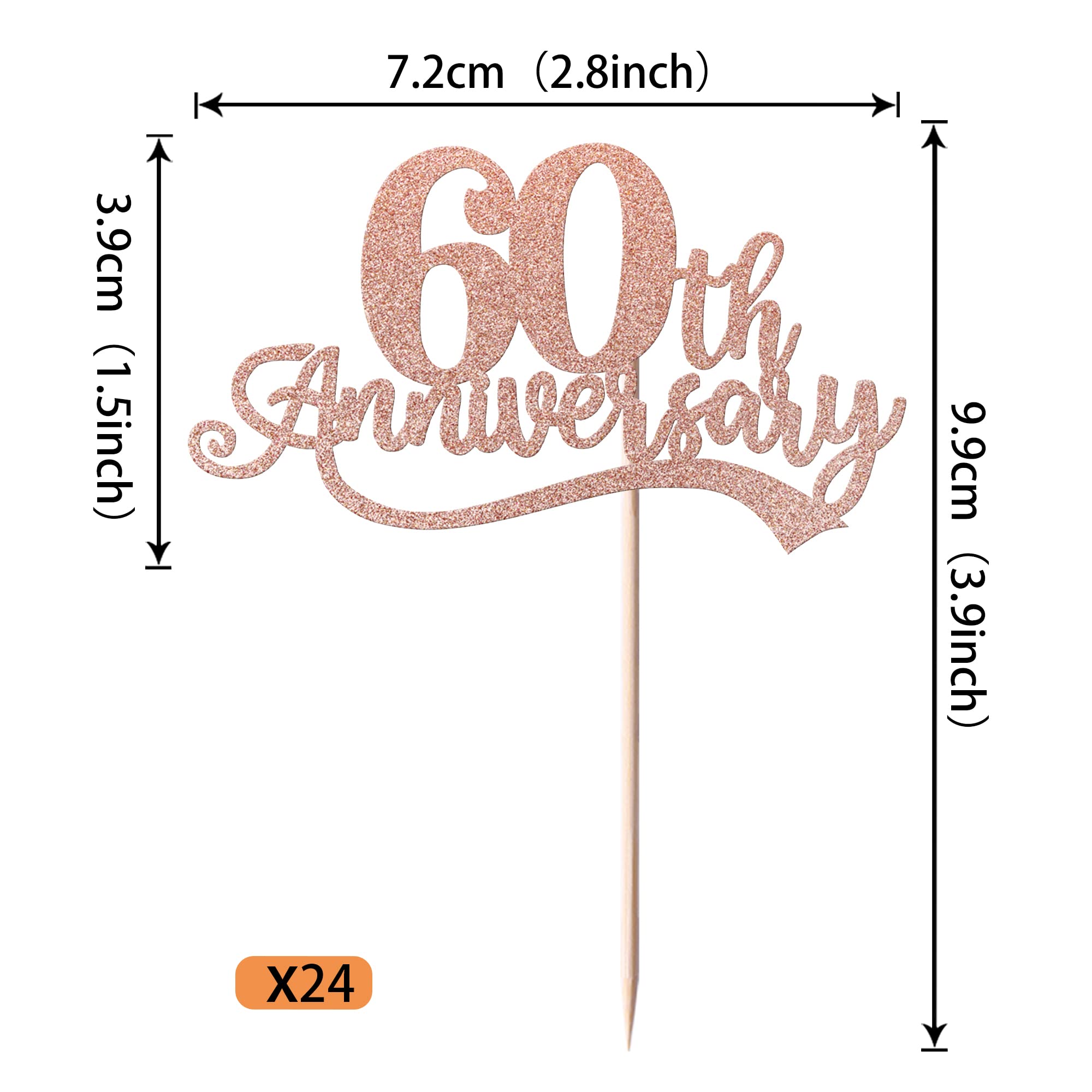 Rsstarxi 24 Pack 60th Anniversary Cupcake Toppers Glitter Cheers to 60 Years Wedding 60 th Birthday Cupcake Picks for Happy 60th Anniversary Birthday Retirement Party Cake Decorations Rose Gold