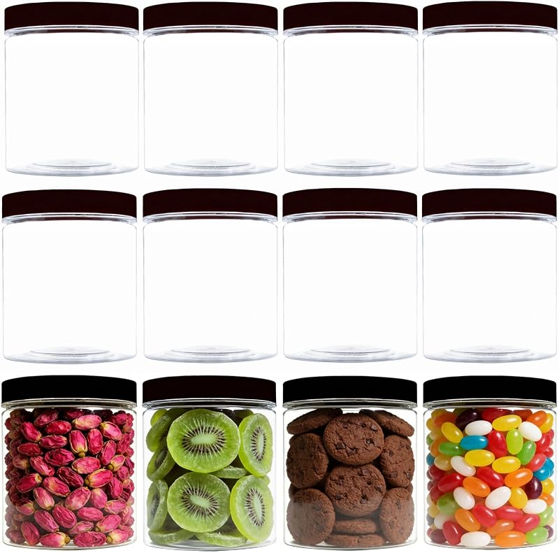 hodooly 12 Potes Plásticos Transparentes com Tampas Pretas e Etiquetas, 237 mL
