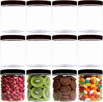 12 Pack 8 oz Plastic Jars with lids,Wide-mouth Clear Storage Containers with Black Lids,Empty Round Clear Plastic Jars with Lids and labels for Body Butter,Bath Salt,Slime and Beauty Products