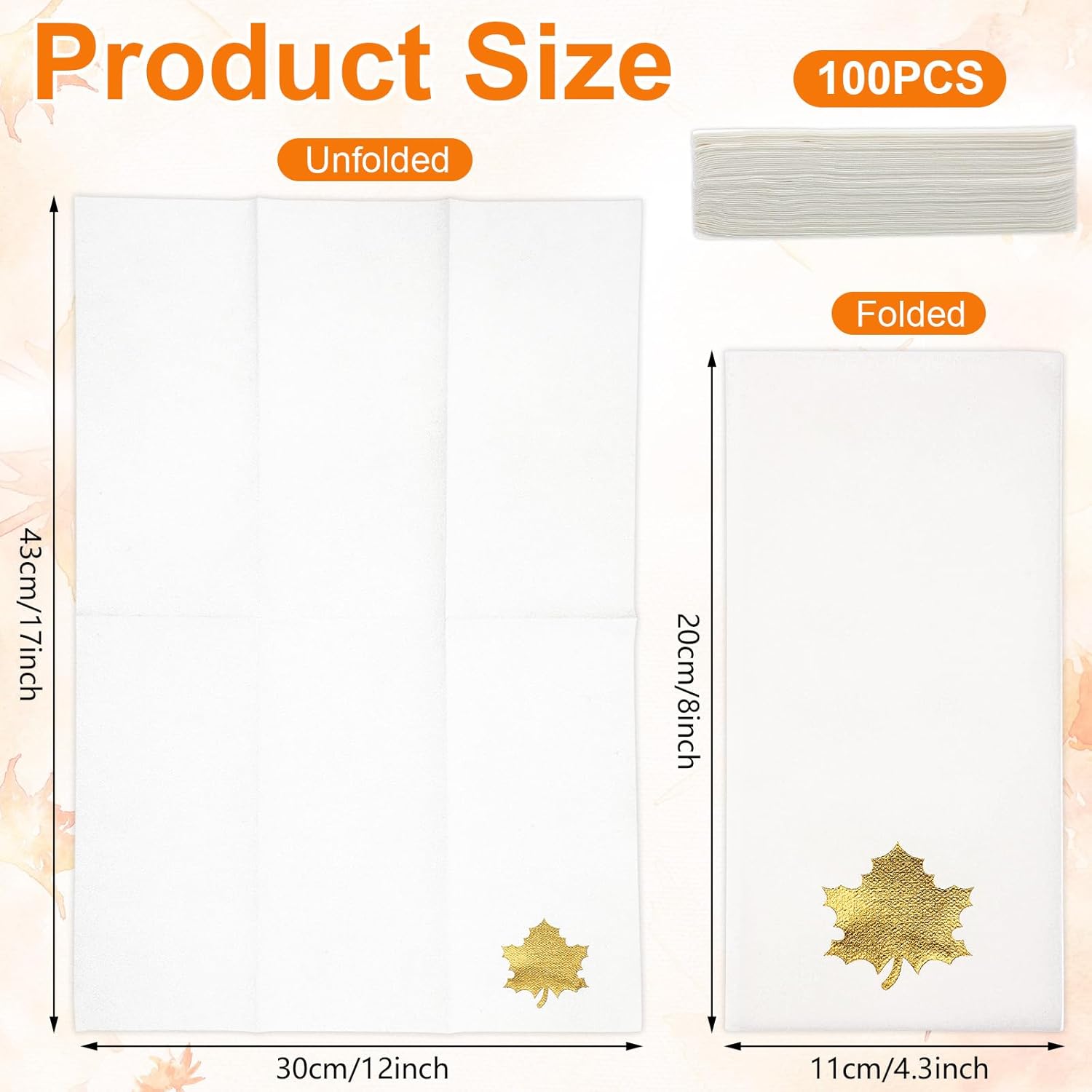 Janlaugh 100 Pcs Thanksgiving Linen Napkins Paper Disposable Hand Towels Pumpkin Maple Leaves Foil Stamped Guest Napkins 12"x17" Paper Towels for Bathroom Home(Maple Leaf)
