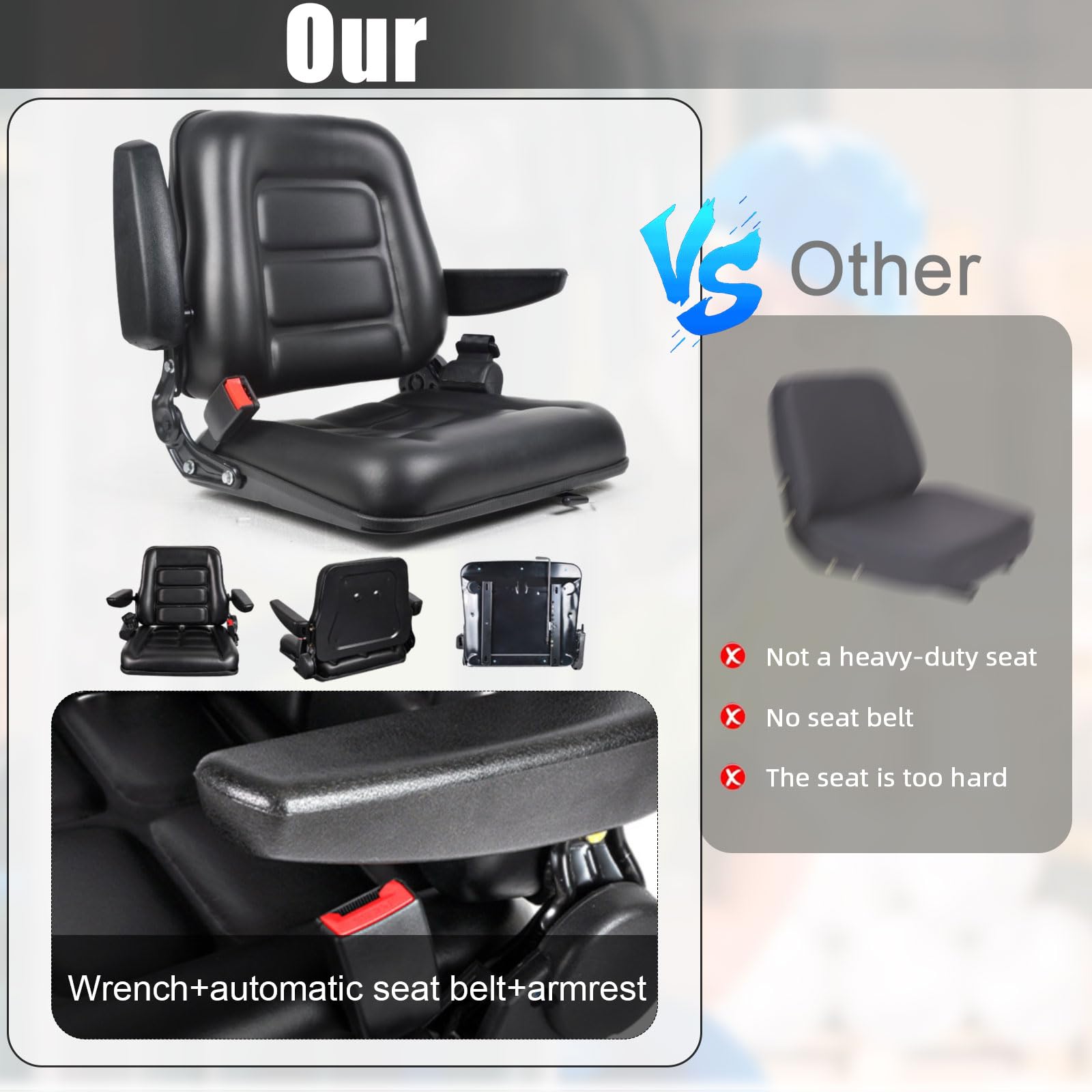Sedile universale per carrello elevatore con schienale regolabile, bracciolo, cintura di sicurezza e binario di scorrimento, impermeabile, in PVC, per trattore, tosaerba, caricatore skid,