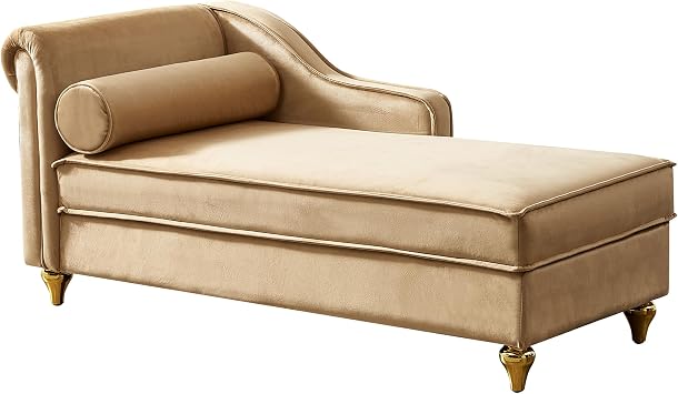 Modern Velvet Chaise Lounge with Storage Indoor Upholstered Chaise Lounge Chair Sleeper Lounge Sofa with Left Rolled Armrest & Lumbar Pillow for Living Room Bedroom Khaki