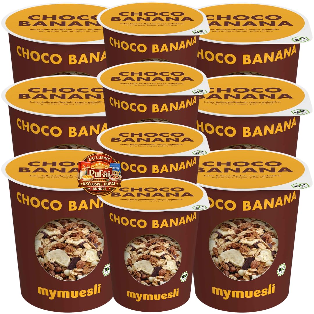 PUFAI Bundle – Knuspriges Müsli 2go Choco Banana 85 g x 10 | Cerealienbecher mit Schokolade & Banane | Frühstück to go, portionierter Getreide-Snack für unterwegs
