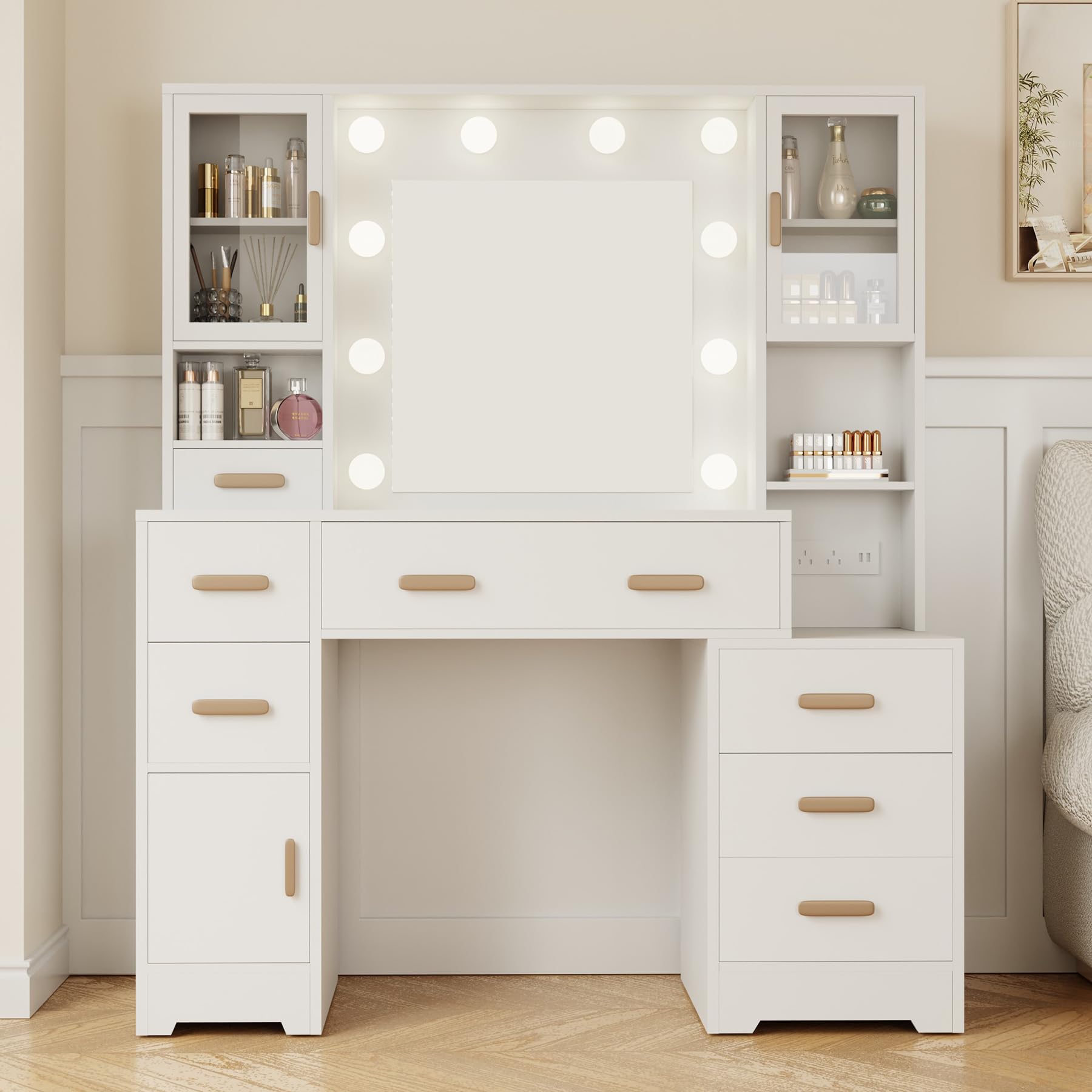 ALEAVIC Schminktisch mit Beleuchtung & Spiegel, 124 cm Breit, Frisiertisch mit 7 Schubladen & 3 Schränken, 3 Lichtfarben, Steckdose & USB, Große Kosmetiktisch Weiß für Schlafzimmer