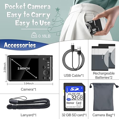 Miniatura 6 de Cámara digital, cámara NIKICAM para niños de 2.7K 44MP con tarjeta SD de 32 GB, cámara de apuntar y disparar de 2.4 pulgadas con zoom digital 16X,