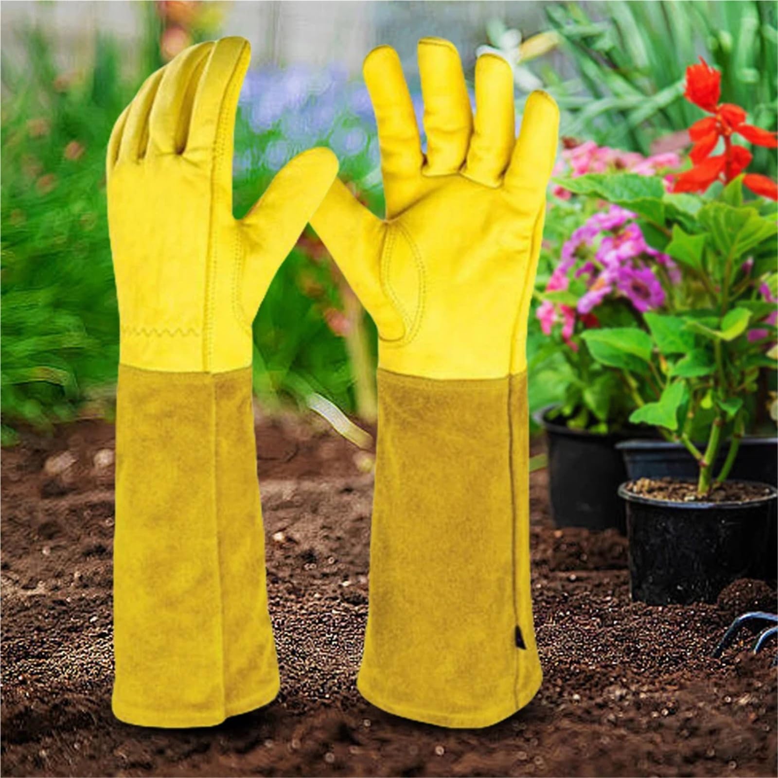Gartenhandschuhe Damen 1 Paar lange, dornensichere Rosenschnitthandschuhe, atmungsaktives Leder, Arbeitshandschuhe, Arbeitsschutz, Ellenbogenhandschuhe for Damen und Herren(Xl)