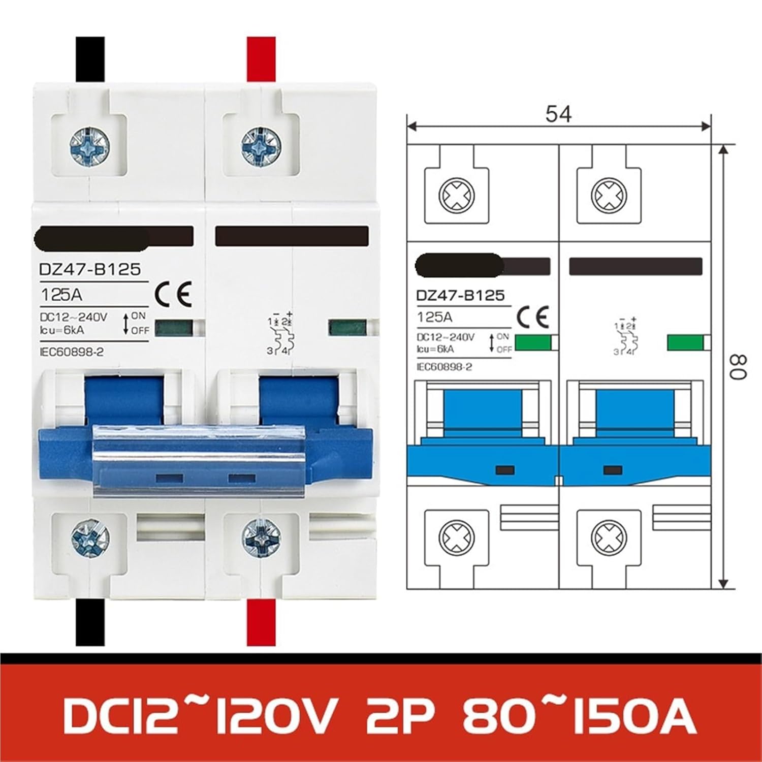DC MCB 24V 48V 96V DZ47 Circuit Breaker Dc 125A 63A 32A DZ47-63 1Psc(1P,B32A)