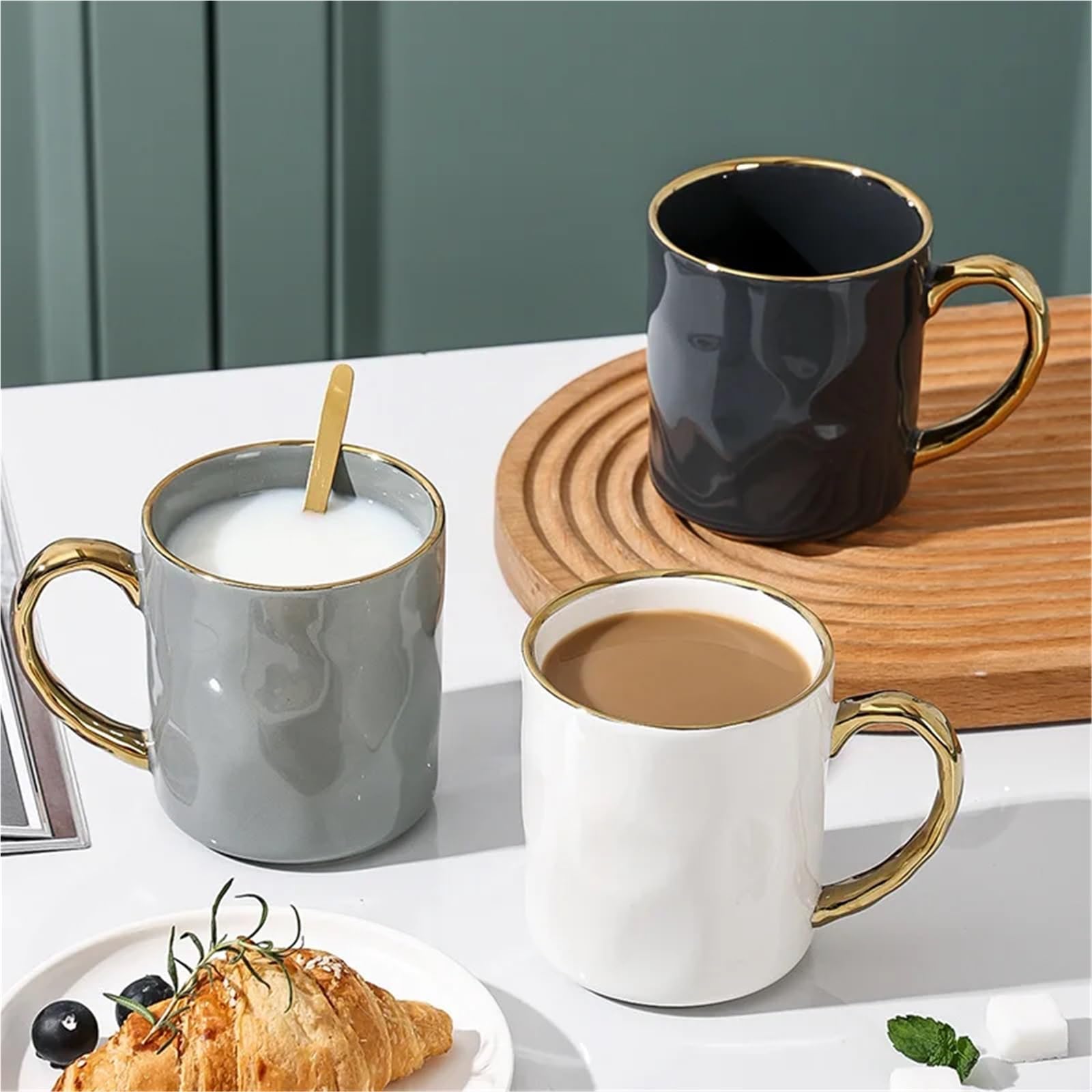 Taza con borde dorado y asa, tazas de café de cerámica, taza de té, leche, jugo, agua, regalo for pareja en casa, 2 uds. Para Boda(Light-grey)