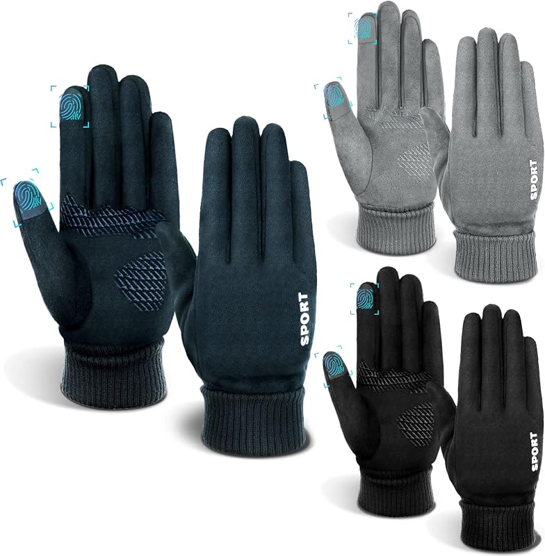3 Pairs Winter Touch Screen Gloves Thermal Running,Cuffed,Suede | Warm Liners for Men Women, Cold Weather Running Cycling, Anti-slip Palm Grip, Elastic Cuffs, Lightweight Outdoor Design