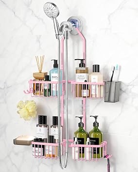 Adjustable Shower Caddy Hanging for Handheld Showerheads - Never Rust Shower Hanging Organizer, Upgraded Bathroom Shower Rack with Soap Basket, Hooks and Toothbrush Holder Pink