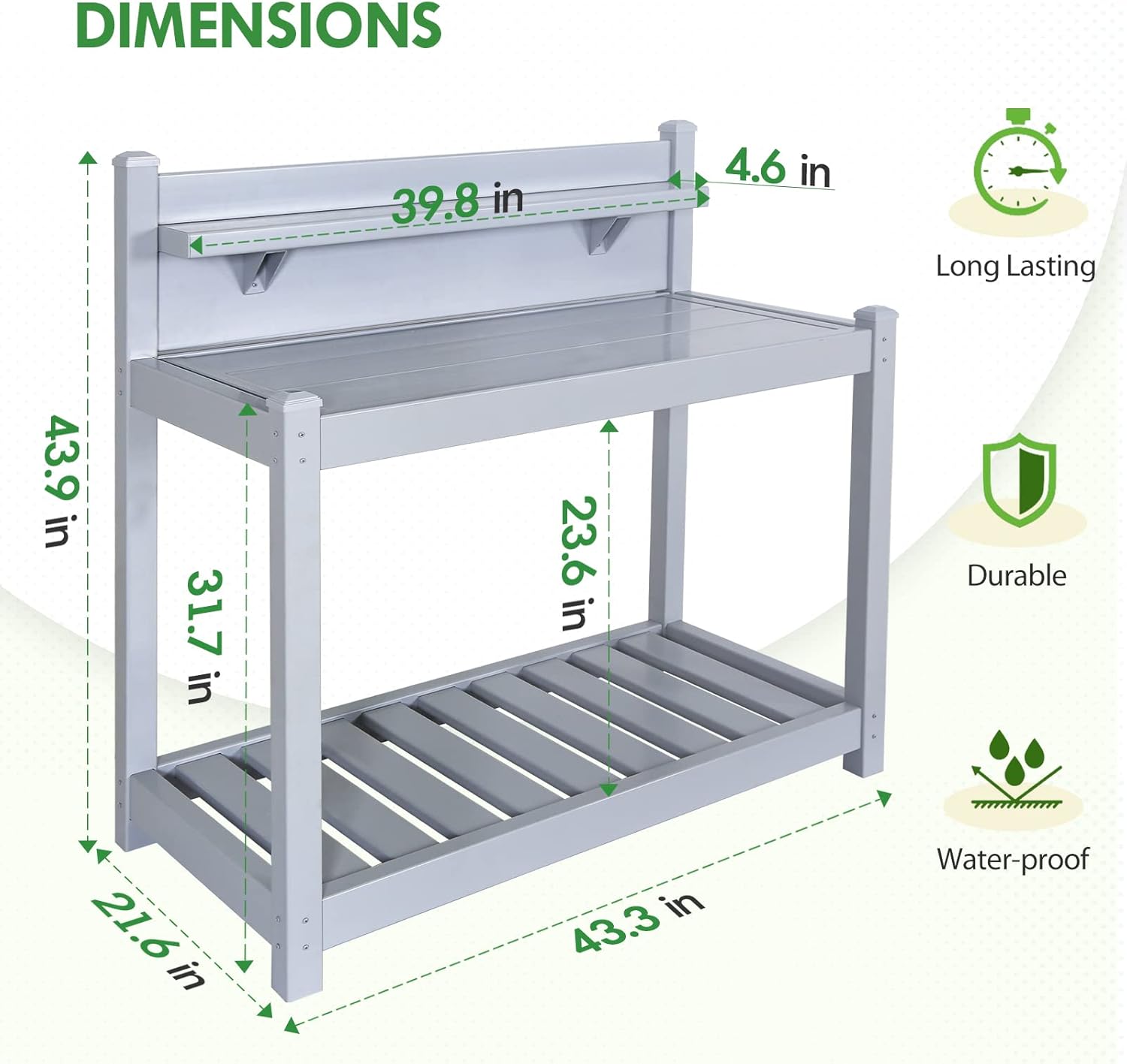 EAGLE PEAK Potting Bench, Weatherproof Vinyl Potting Table for Outdoor & Indoor Use, Easy Clean Garden Workstation with Storage Shelves, Gray, 40"