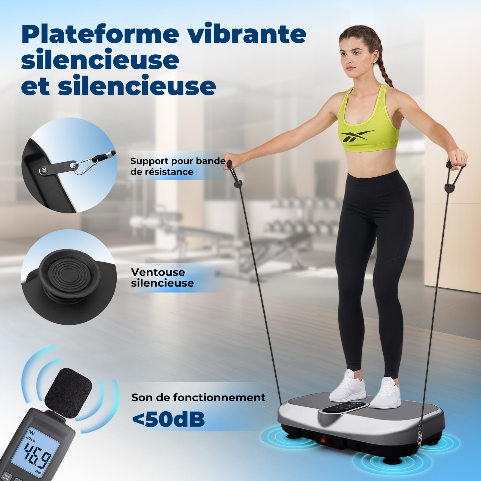 Plateforme Vibrante 150KG avec Bandes de Résistance et Télécommande, Plaque vibrante Fitness avec 120 Niveaux de Vibration et 9 Programmes d'entraînement Automatiques, Haut-Parleur Bluetooth