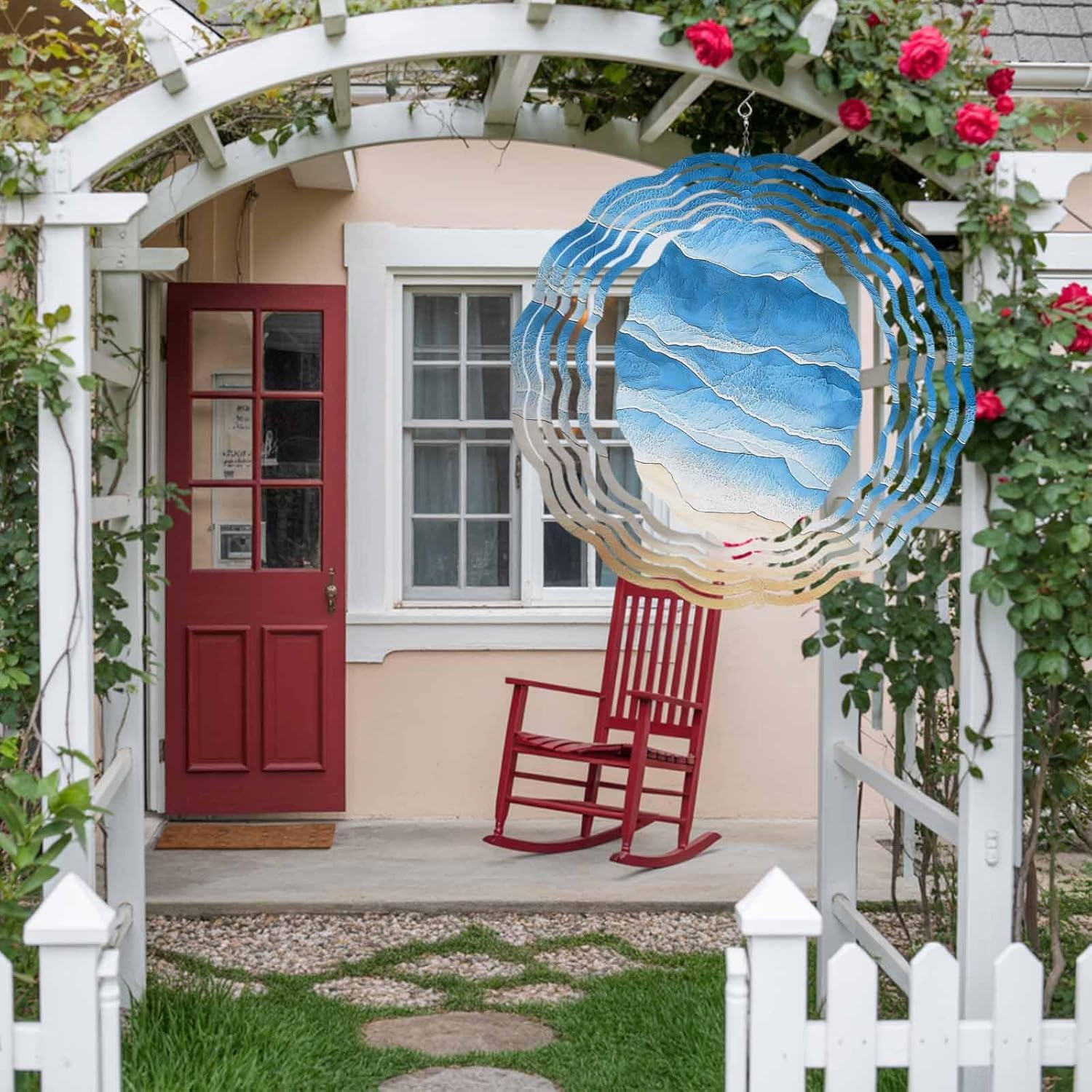 Blue Ocean Gradient Waves Wind Spinner for Garden Yard 3D Stainless Steel Hanging Wind Spinners, Summer Beach Coastal Spinners Outdoor Metal Decor for Lawn Patio Home