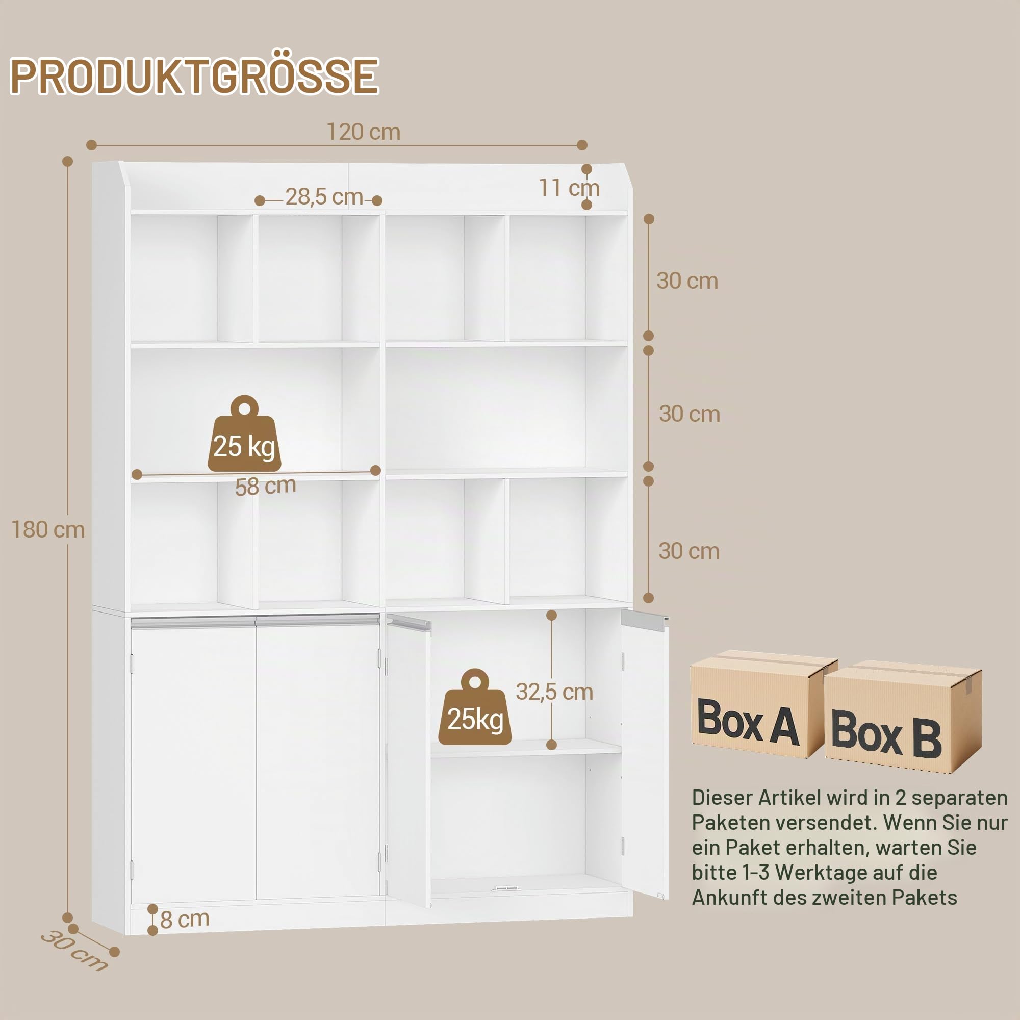 Hzuaneri Bücherregal 10 Fächer 4 Türen Standregal, 30 x 120 x 180 cm, Weiß | freistehend, 4-türiger Unterschrank, Aufbewahrungsregal, für Wohnzimmer Büro Schlafzimmer, BC46503X