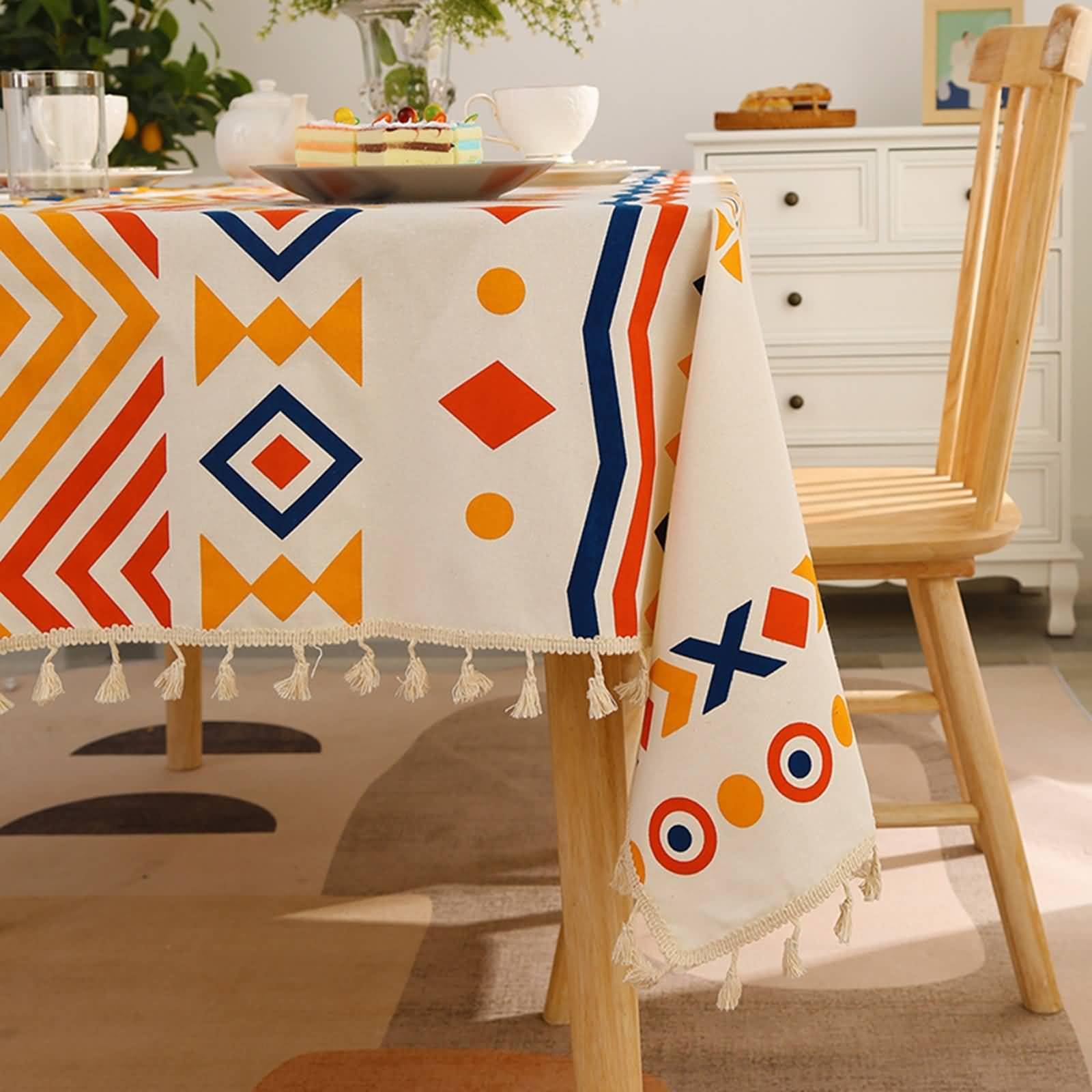 Mantel Rectangular Naranja Azul para Mesa, Patrón de Geométrico con Borlas, de Poliéster Fácil de Limpiar, 140 x 300 cm, Mantel para Banquetes