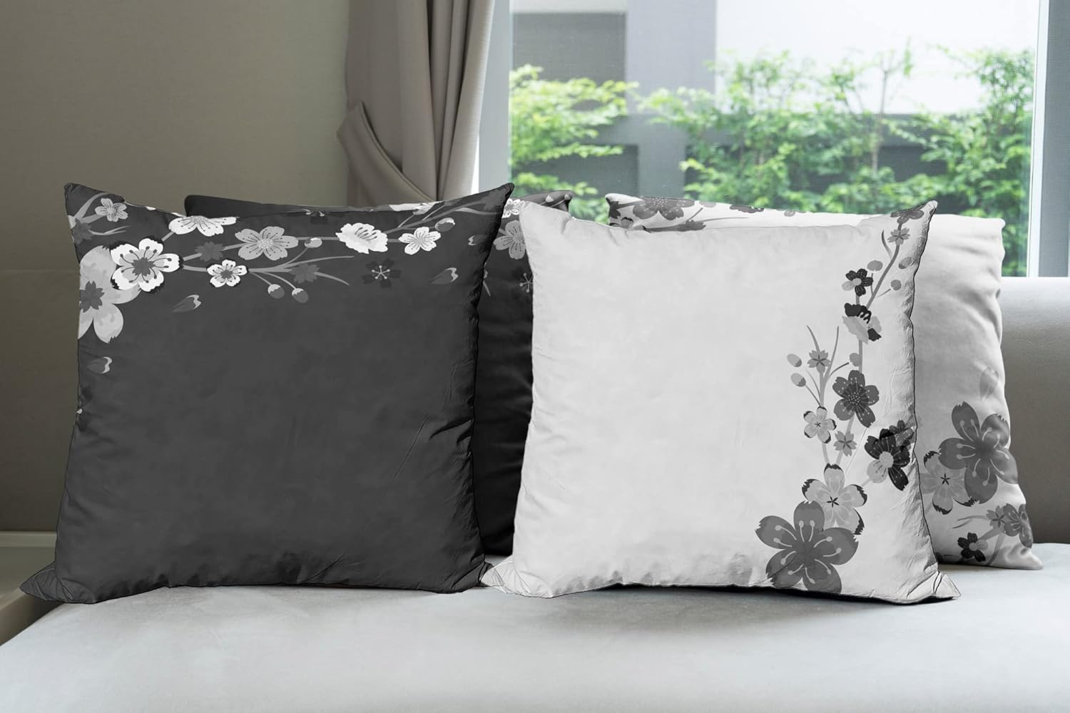 Ambesonne Cherry Blossom Throw Pillow Cushion Case Pack of 4, Pastel Colored Spring Blooming Branches Sakura Japanese Themed Motif, Modern Accent Double-Sided Printing, 20" x 12", Dark Grey