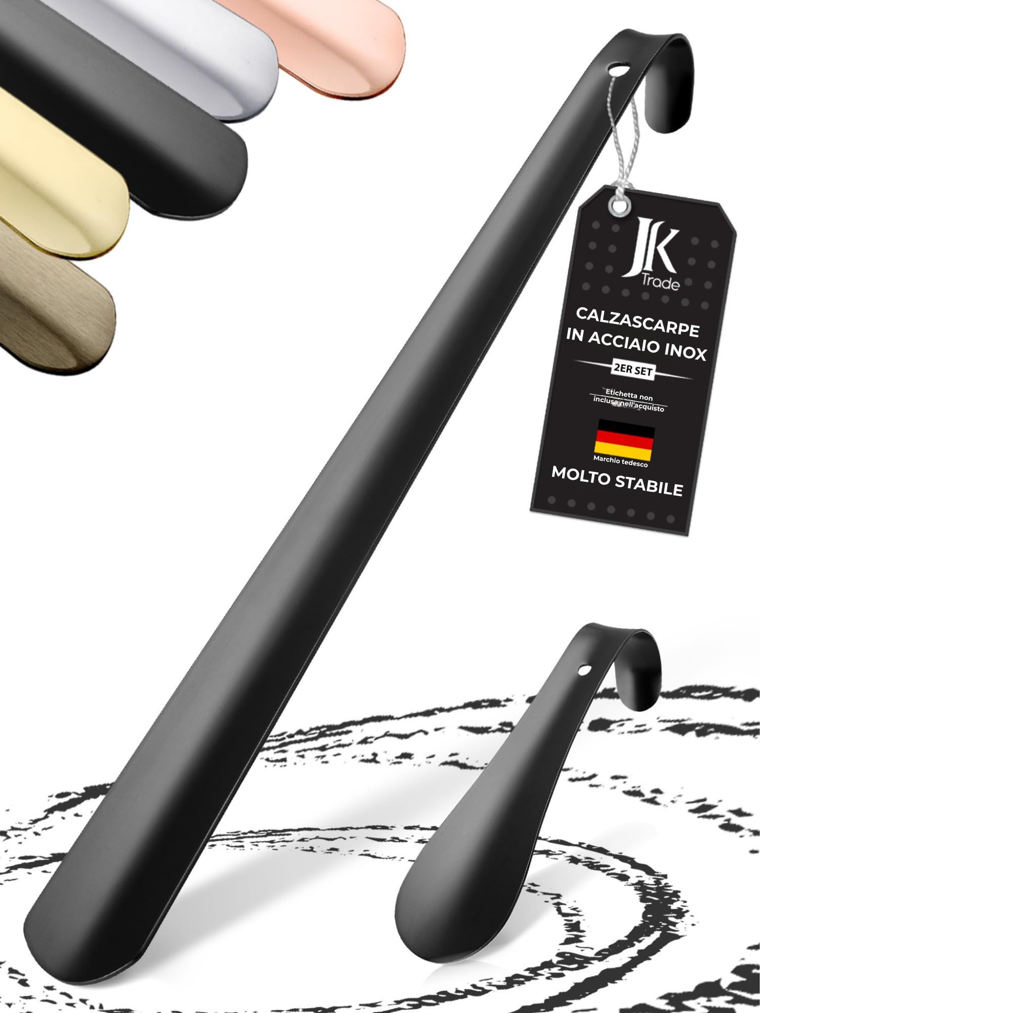 JK Trade® Set di 2 calzascarpe in acciaio inox stabile | 15 & 42 cm | Calzascarpe in acciaio inox corto e lungo | Veloce e delicato sulla schiena | Lunghezza e larghezza ideali | Shoe horn | Business