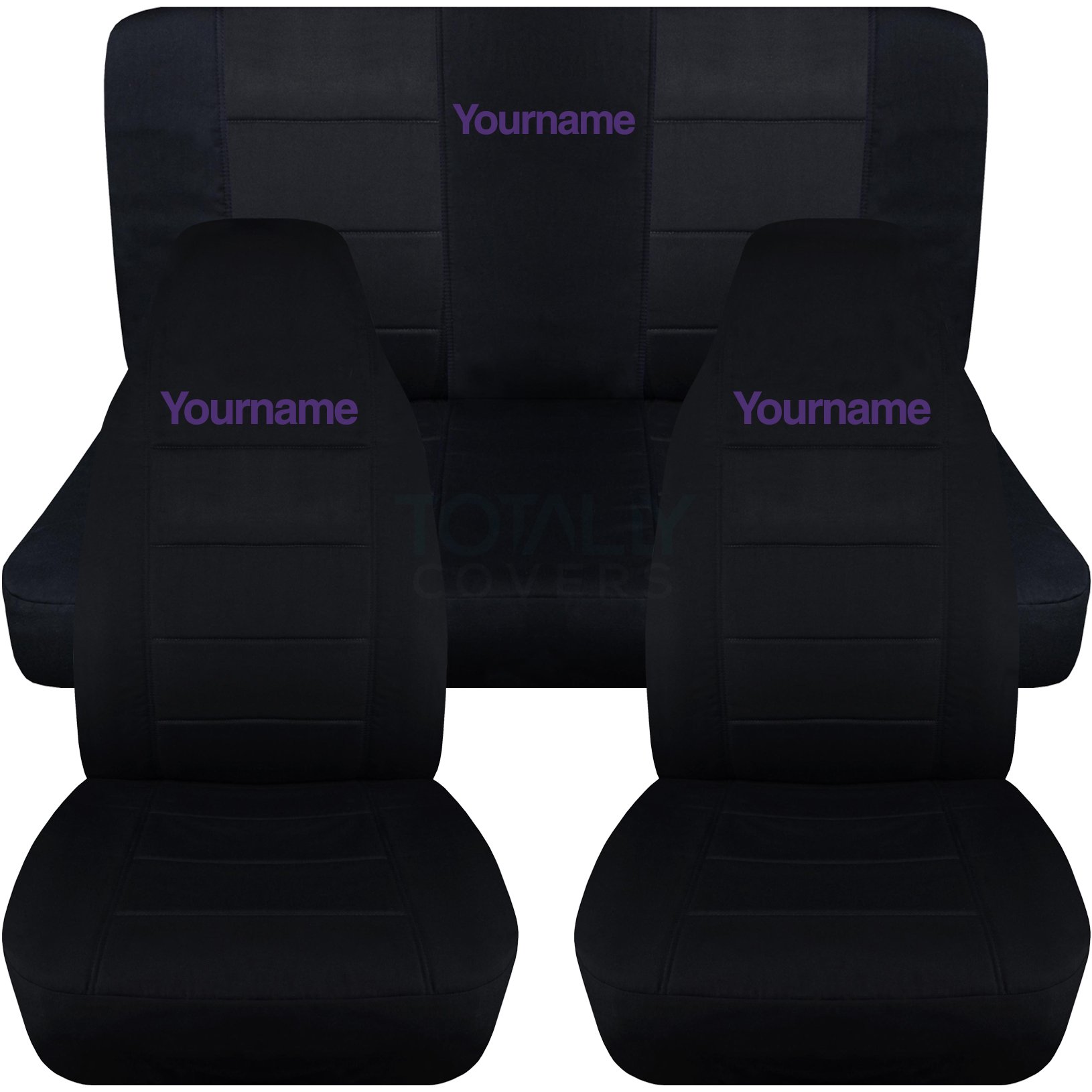 Totally Covers Compatible with 1997-2006 Jeep Wrangler TJ Black Seat Covers with Your Name/Text: Black with Purple - Full Set: Front & Rear (22 Colors) Complete Back Bench