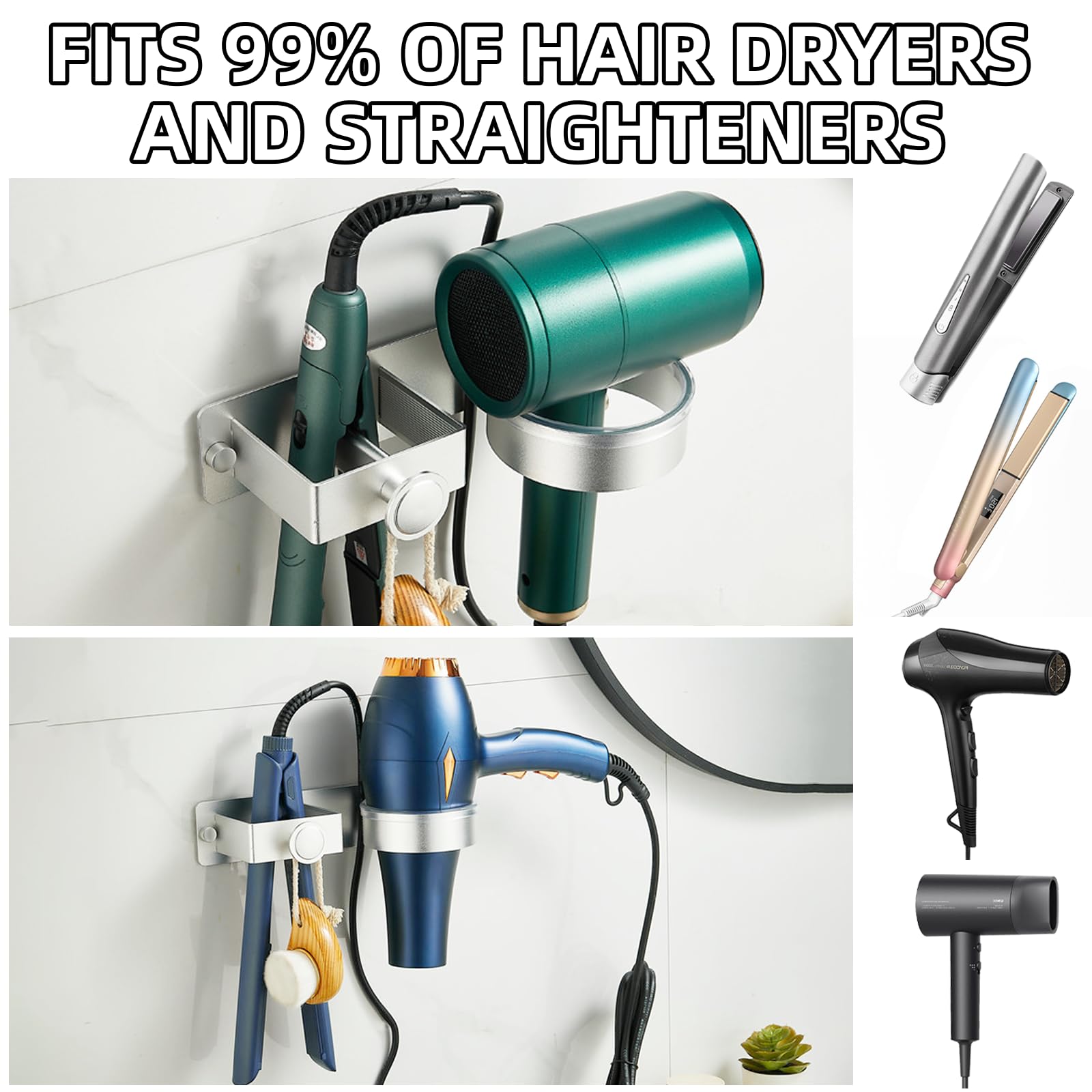Soporte para secador de pelo, secador de pelo montado en la pared y soporte para alisador, organizador de herramientas adhesivas para el cuidado del cabello para baño, soporte de aluminio para