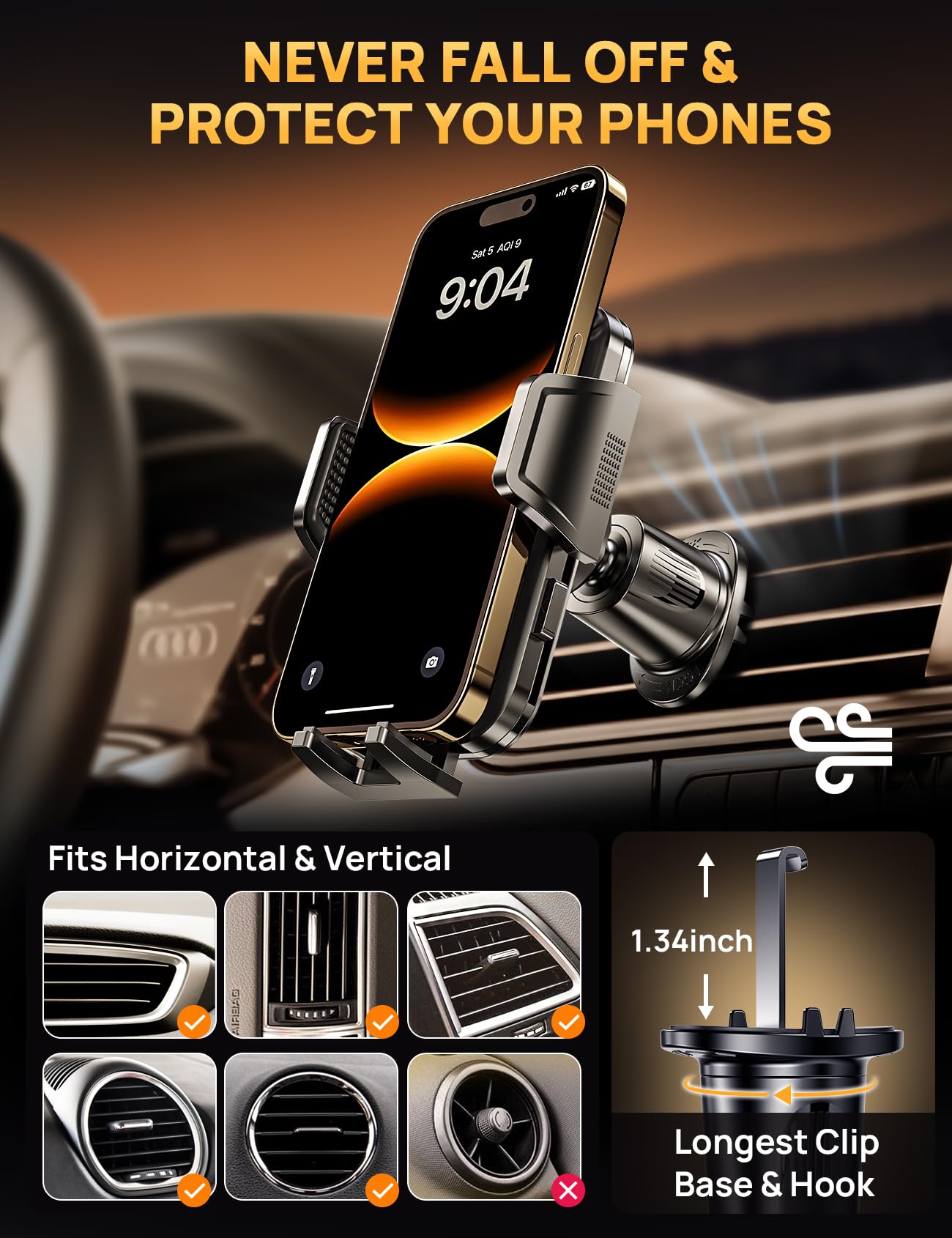 Supporto per telefono da auto, supporto per telefono CD con clip per bocchetta di ventilazione [compatibile con custodie spesse], regolabile a 360°, supporto per telefono cellulare e CD, adatto per