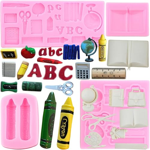 Mujiang Moldes de silicona para el regreso a clases, bolsa escolar, libro de tijeras, paleta de dibujo, moldes para fondant, para decoración de