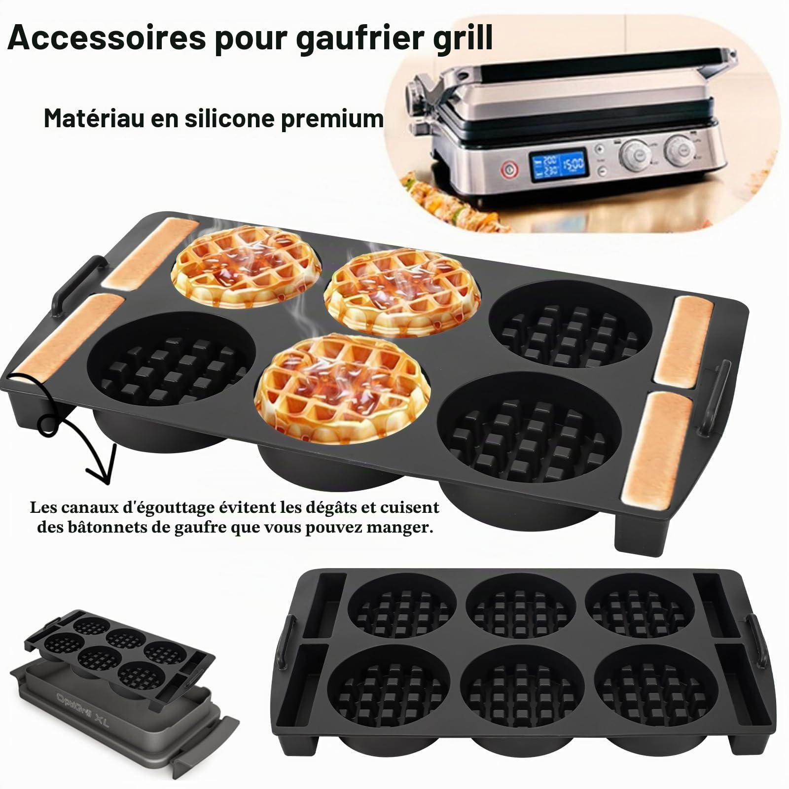 Plaques Gaufres Accessoires Compatible avec Optigrill XL, Insert Gaufrette pour Tefal OptiGrill Elite, Plus, Insert de Plat à Cuisson en Silicone pour Gaufres Belges 4 en 1 2 en 1