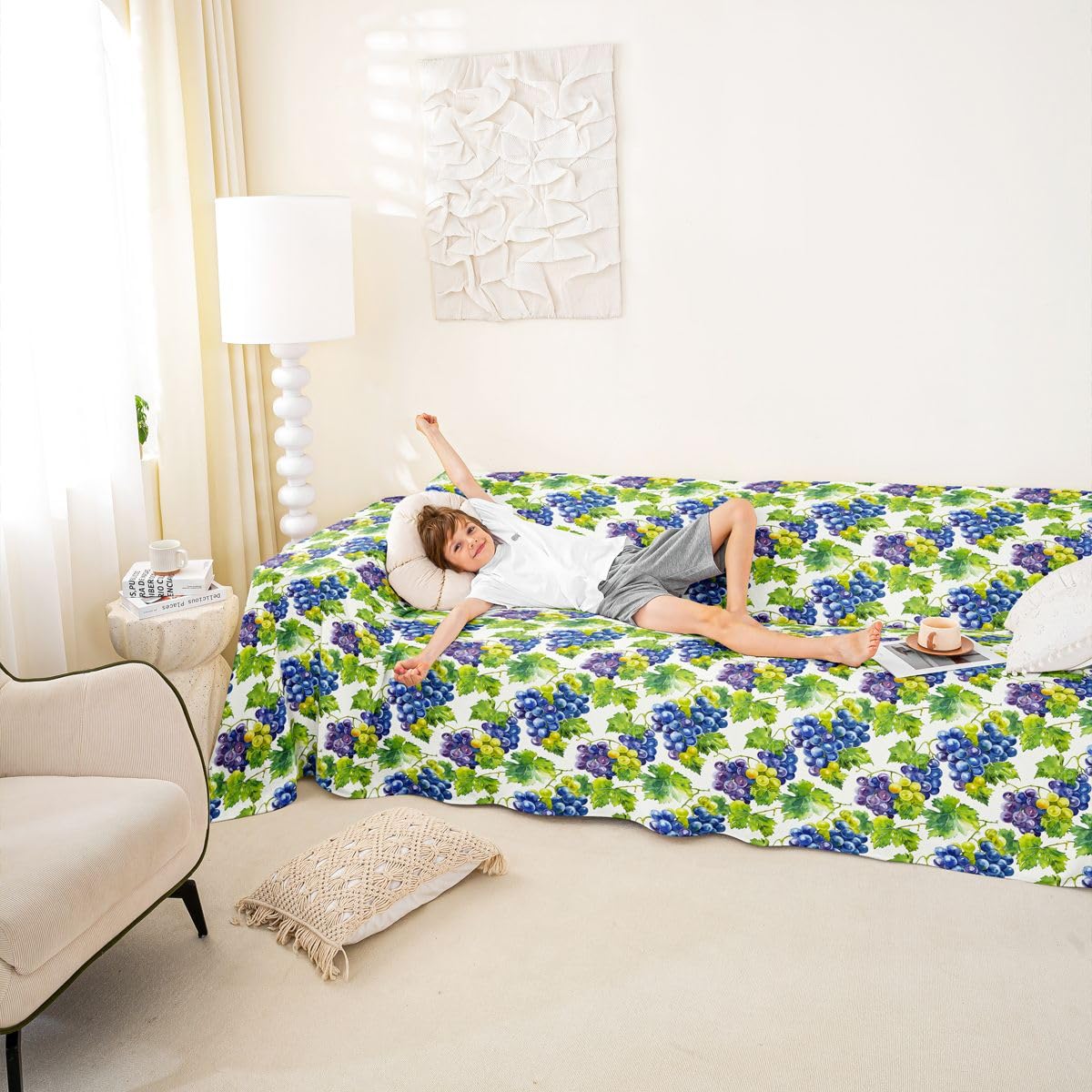 Homewish Blaue Ästhetisch Ernte Weintrauben Sofaüberzug 231x340 | Jungen Mädchen Couch Überwurfdecke Grüne Blätter Sofa Cover für Wohnzimmer Trendig Sofahusse für Hunde Haustiere 3 4 Sitzer