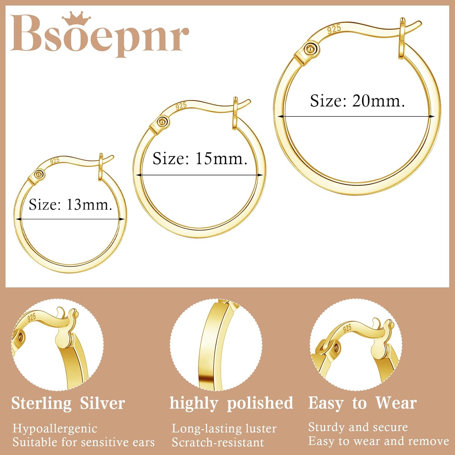 3 Pairs 925 Sterling Silver Hoop Earrings for Women 14K White Gold Plated Hypoallergenic Small Silver Hoop Earrings for Women Men 13/15/20mm - Image 2