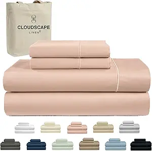 Cloud Scape Linen 100% Egyptian Cotton Sheets for Queen Size Bed, 4 Pieces Bedding Set, Hotel Quality, Silky Soft, Deep Pockets up to 17”, Sepia Rose