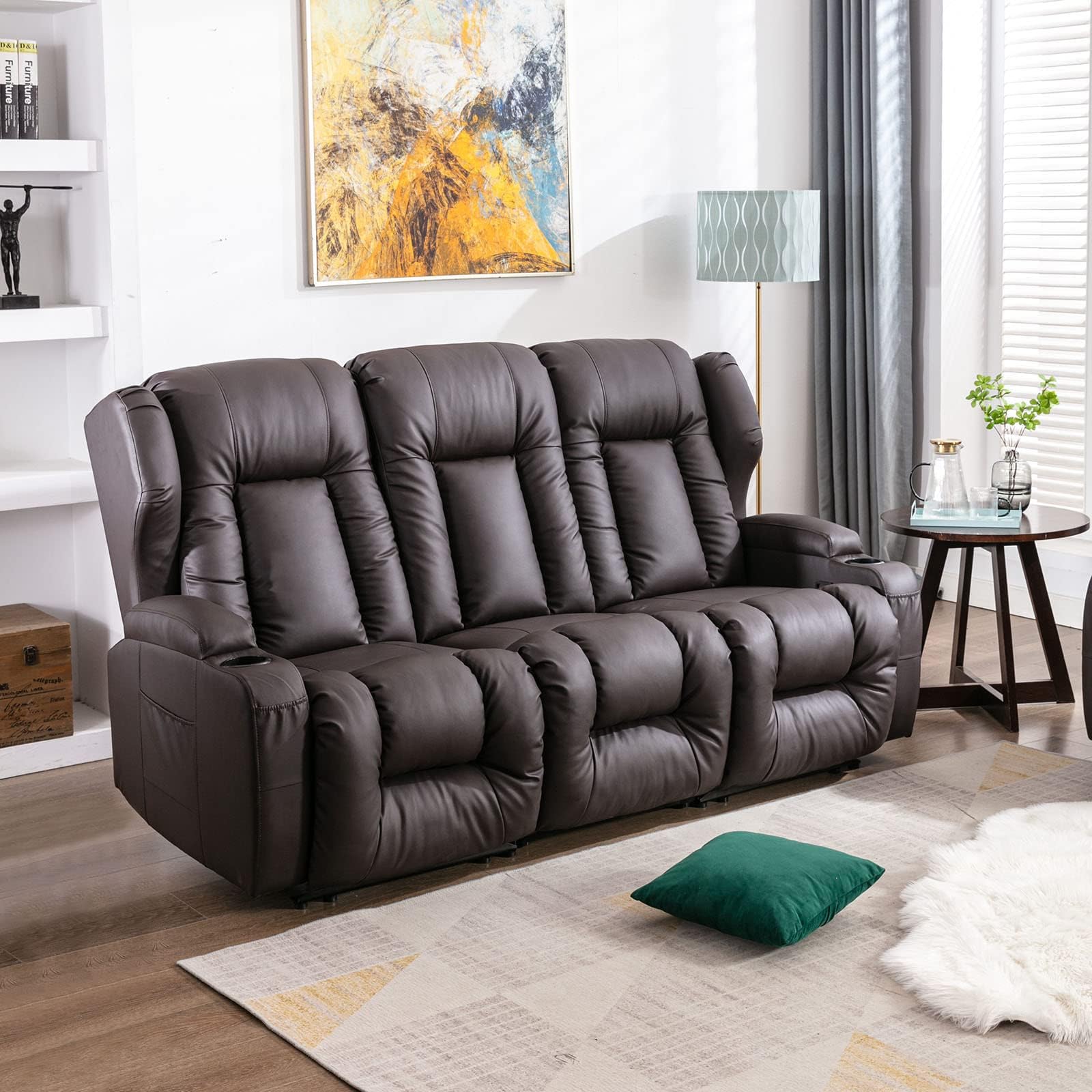 IPKIG 3-Seat Recliner Chair- Wingback Design Reclining Sofa with Center Drop-Down Table, Cup Holders and Side Pockets, Manual Reclining for Living Room Home Theater (Brown)