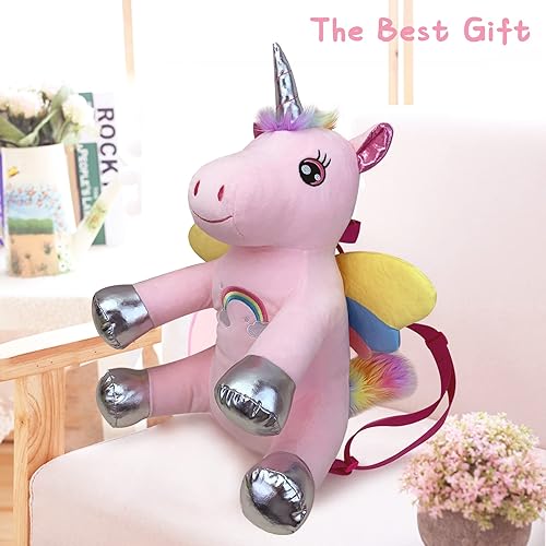 Miniatura 4 de JUSTQUNSEEN Mochila de unicornio de felpa, bolsa de unicornio de 16 pulgadas con cremallera y correas ajustables, regalos de animales de peluche de
