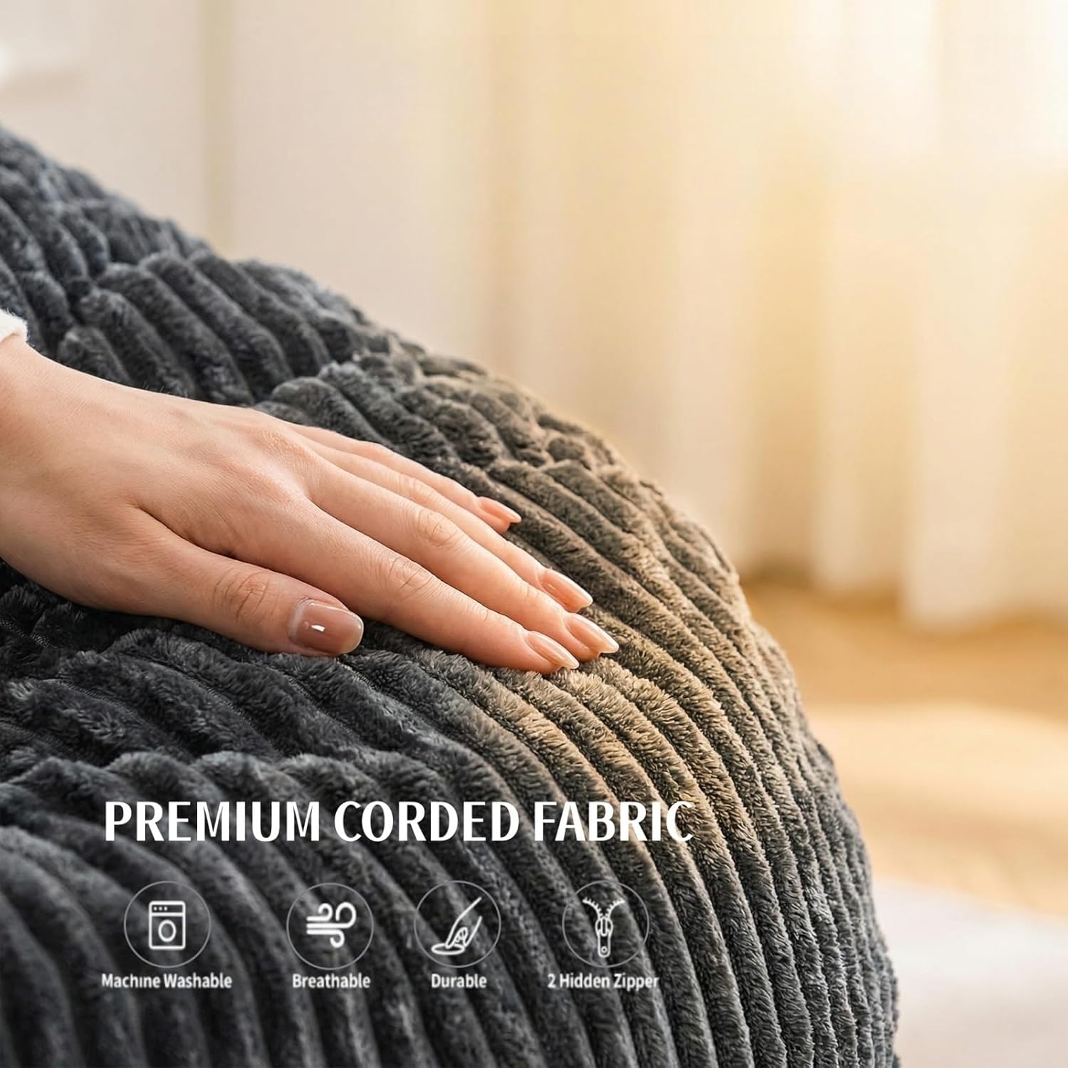 3 in 1 Giant Bean Bag Chair for Adults & Kids, Convertible Bean Bag Bed, Couch & Floor Cushion, Comfy Reading Lounge Sofa, Soft Corduroy Washable Cover for Bedroom, Living Room & Dorm, DarkGrey