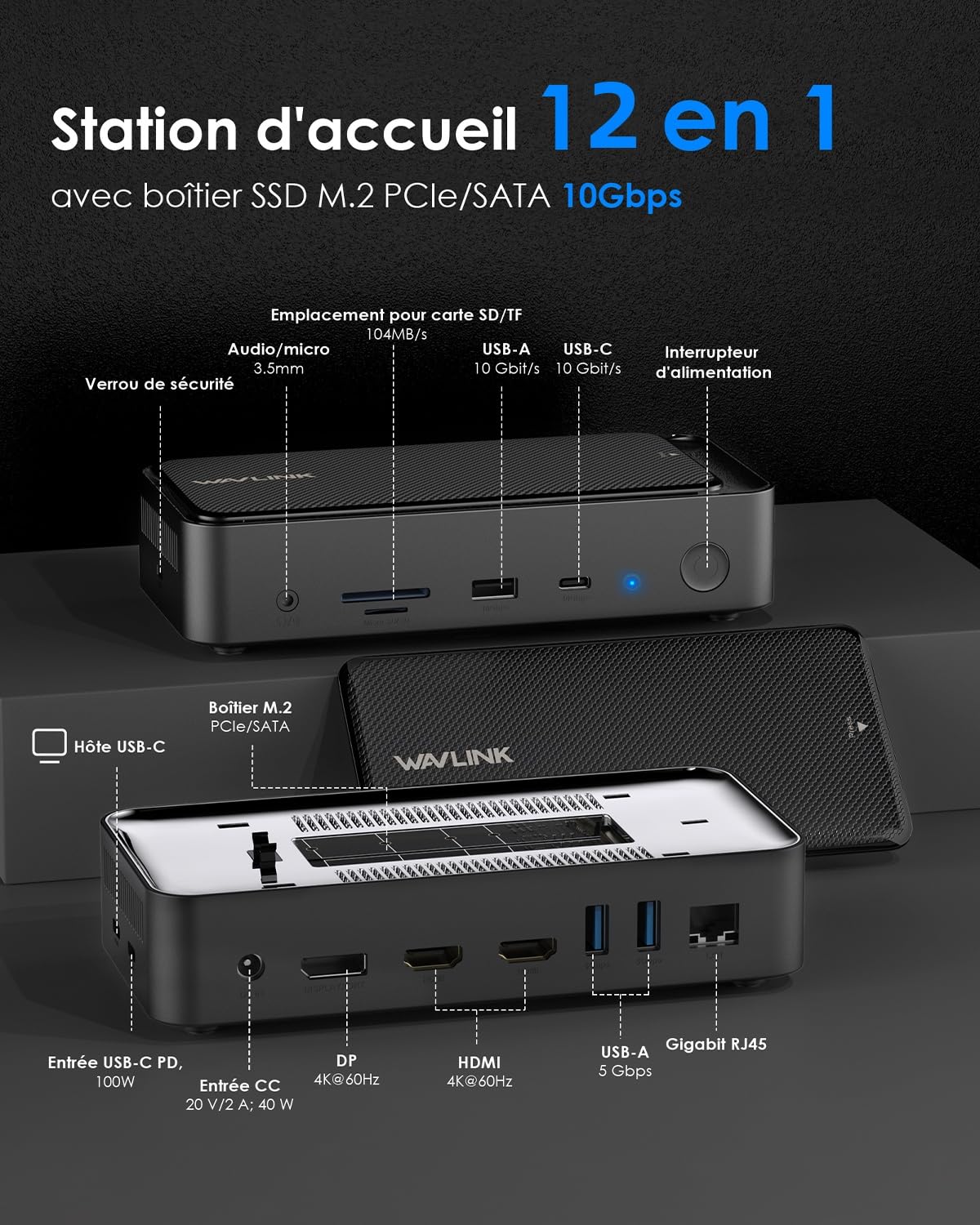WAVLINK Station d'accueil (12 en 1) pour 3 * 4K moniteurs