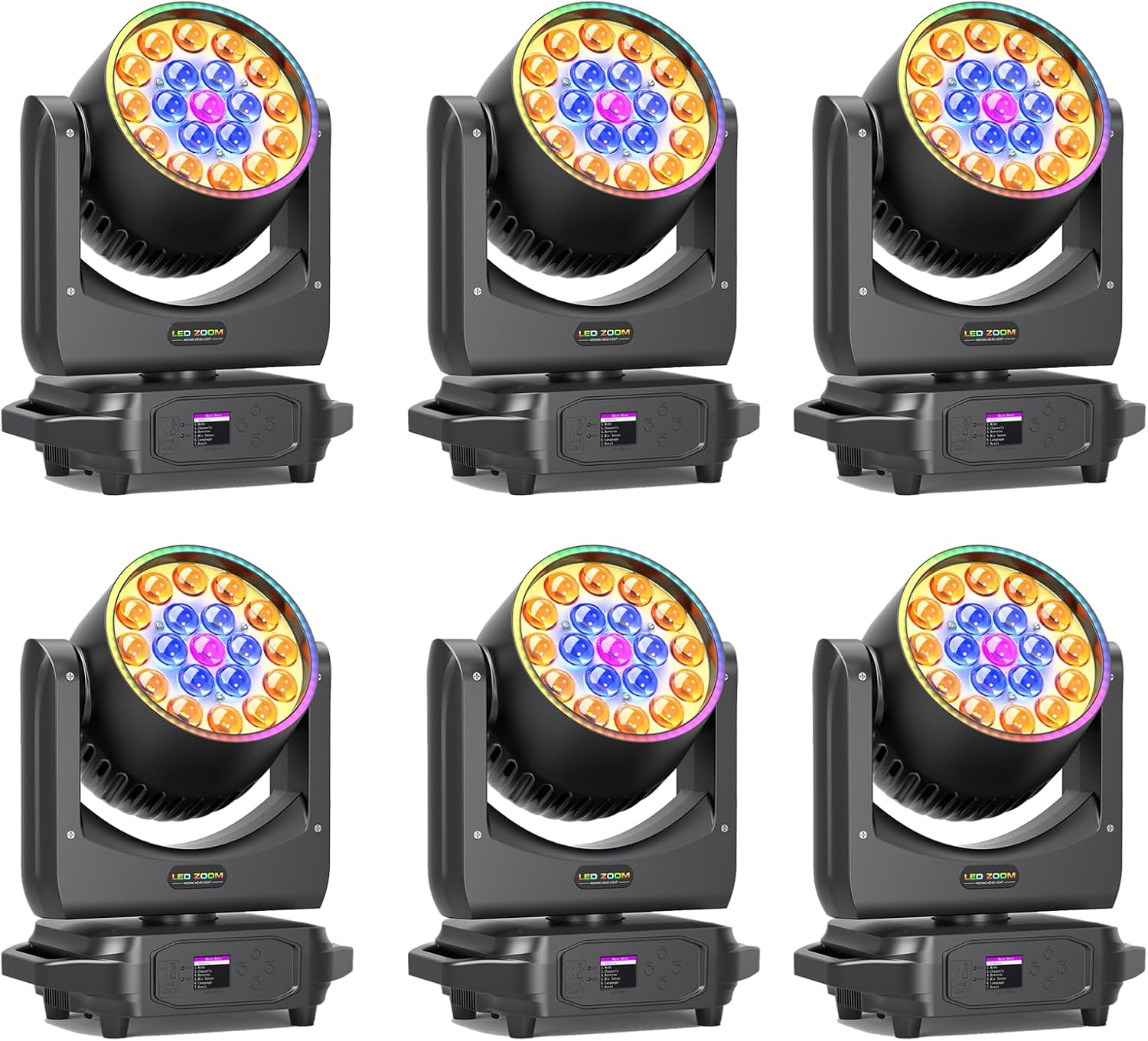 6-Pack Moving Head Light Beam/Wash/Zoom Effect Stage Lights Professional DMX512 & Sound Activated Control DJ Lights 19x10W 60 * 0.2W 5050 R/G/B
