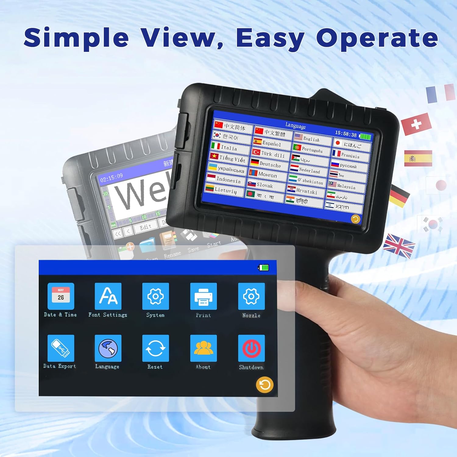 JWM Handheld Inkjet Printer, Multifunctional Handheld Printer Gun with 42ml Quick-Dry Ink Cartridge, 0.5 Inch Print Height, for Text/Logo/Date/Time on Planes and Curved Surfaces, 600DPI