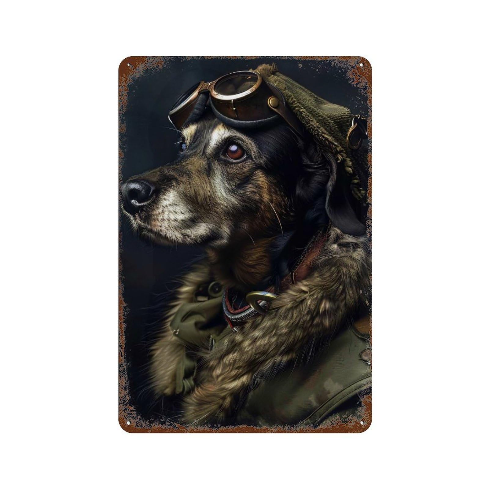 Dog Aviator Portrait Distressed Metal Wall Sign 11.8"x7.9", Rustic Home Decor for Living Room, Hallway And Home Decor