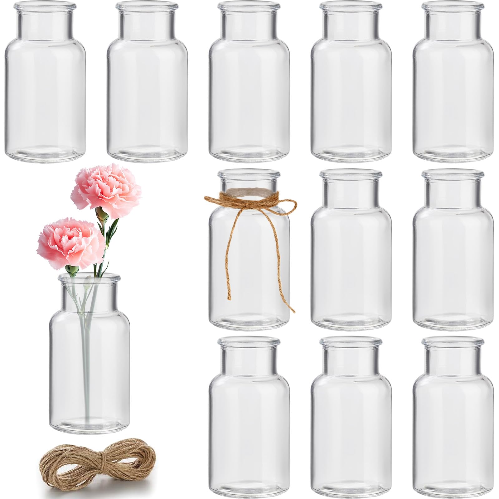 12 Piezas Jarrones Cristal 125ml con Cuerda Yute 5M, Botellas para Flores Pequeñas Transparentes, Jarrón Decoración Mesa Mini, Floreros Decorativos Modernos para Hogar, Boda, Jardín, Cumpleaños Fiesta