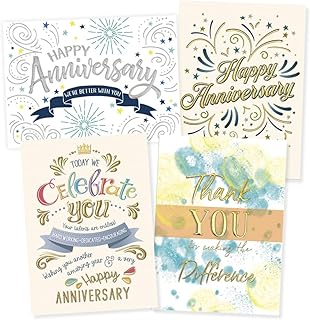 Posty Cards, Bulk 50 Pack Employee Anniversary Greeting Cards for Businesses, Employees, HR & Staff Appreciation (4 Assorted Designs) 7.5" x 5.5", Message Inside, 52 White Envelopes Included