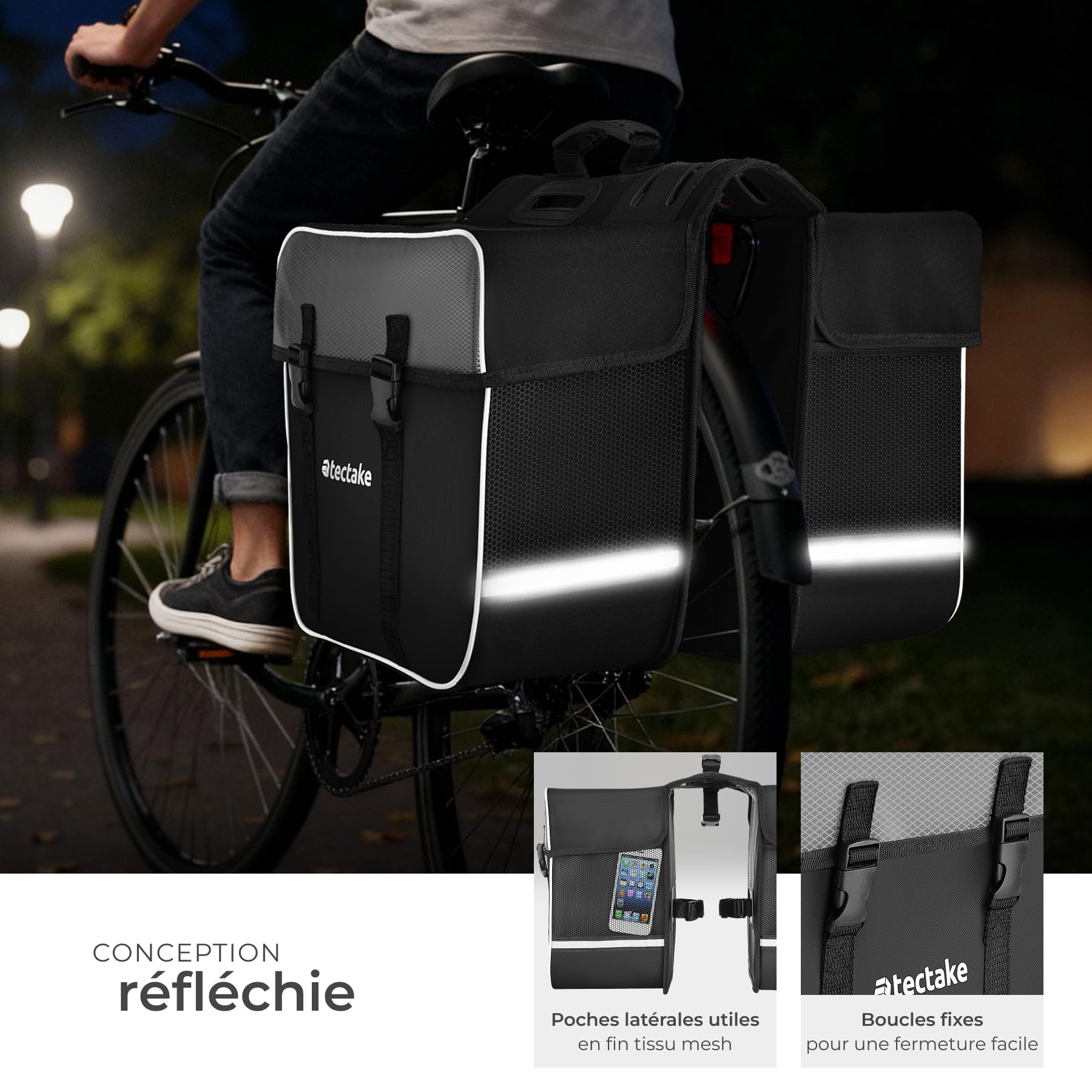 tectake® Ensemble Double Sacoche Velo Porte Bagages avec Bandes réfléchissantes et Sacoche de Cadre Support Téléphone Velo, Sacoches déperlantes pour Vélo électrique, Vélo, VTT, Cyclisme Sport Voyage