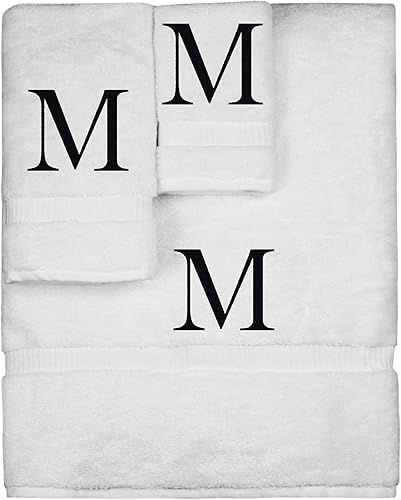 Juego de toallas con monograma, regalo personalizado, juego de 3 toallas bordadas con letras de bloque negro, extra absorbentes, 100% algodón turco,