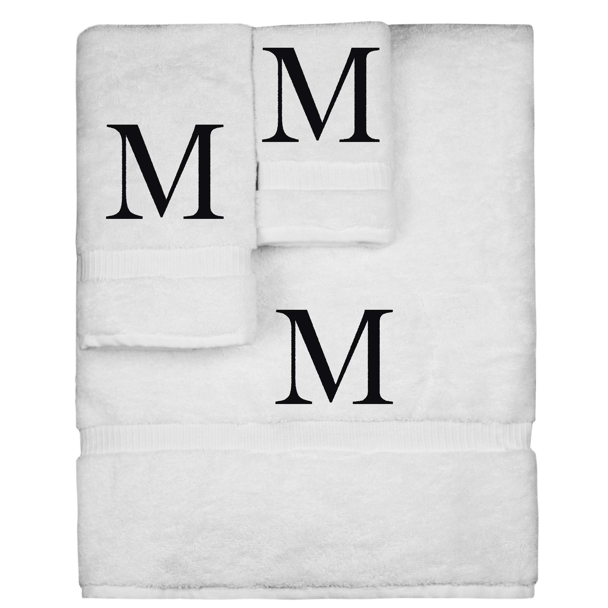 Monogrammed Towel Set, Personalized Gift, Set of 3- Black Block Letter Embroidered Towel - Extra Absorbent 100% Turkish Cotton - Soft Terry Finish - Initial M White