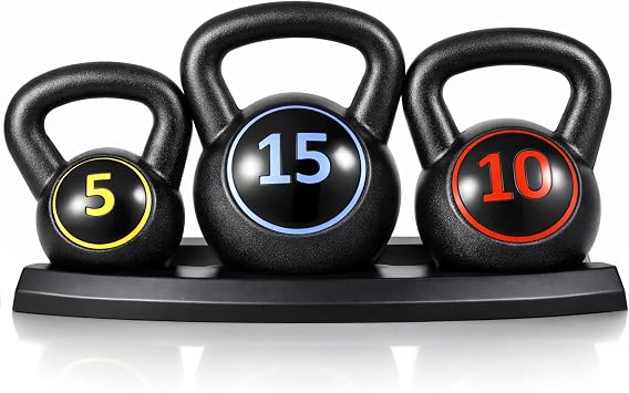 3 Piece Kettlebell Set 5/10/15 lb with Storage Rack, Vinyl Coated Kettlebells with Wide Non-Slip Handles, Flat Base Free Weights for Home Gym, Strength Training, HIIT, Fitness Workout