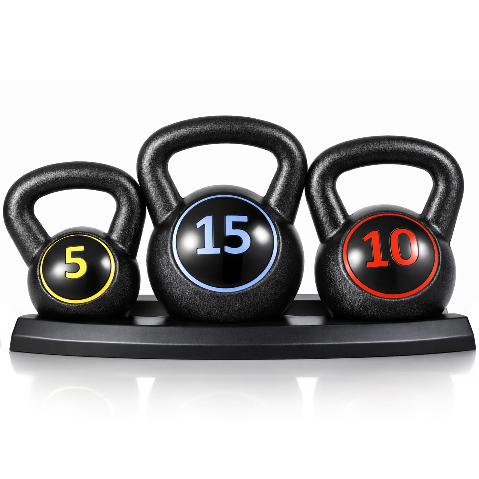 3 Piece Kettlebell Set 5/10/15 lb with Storage Rack, Vinyl Coated Kettlebells with Wide Non-Slip Handles, Flat Base Free Weights for Home Gym, Strength Training, HIIT, Fitness Workout