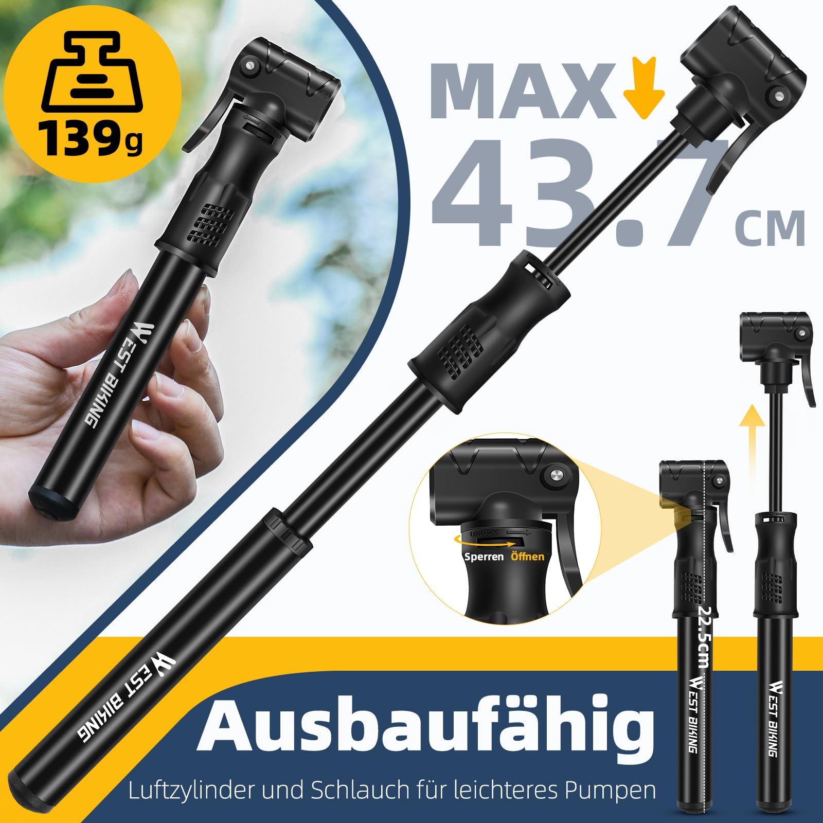 West Biking Mini pompa per bicicletta – Pompa ad aria in alluminio per bicicletta tutte le valvole, piccola pompa per bicicletta, gonfiaggio rapido degli pneumatici, leggera mini pompa per bici da