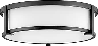 Hinkley Lowell 3243BK Medium Flush Mount Ceiling Light, Twist Lock System Keeps Fixture Flush with Ceiling, Damp-Rated for Bathrooms, Laundry Rooms, Black and Etched Opal Glass
