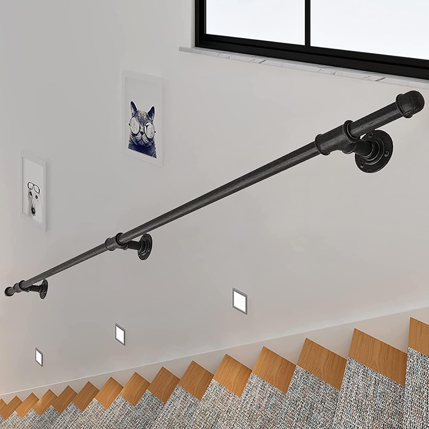 Metal Staircase Handrail (1ft-20ft), Corridor Anti-Slip Railing Support Rod Industrial Iron Pipe, Stair Grab Bar Kit for Loft/Villa/Indoor/Outdoor (Color : Black, Size : 1ft)