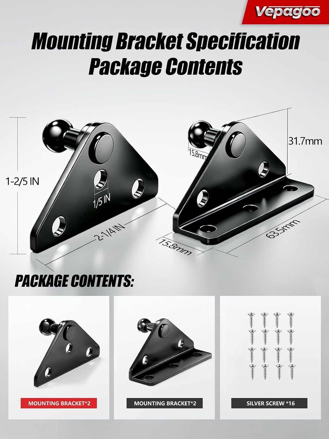 Vepagoo 13MM Ball Stud Mounting Bracket for Gas Shock Spring Strut Prop Lift Support with 2pcs L-Type, 2pcs Flat-Type and 16pcs Screws, Set of 4 (Only Fits 13mm Ball Head)