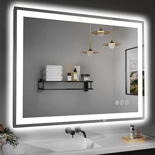 Espejo de baño LED de 40 x 32 pulgadas con luces, luces dobles regulables, antiniebla, espejo LED frontal y retroiluminado para baño, espejo de